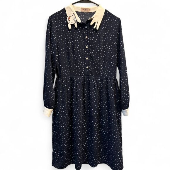 Miss Patina Bowie Cat Dress Navy Polka Dots - Picture 3 of 12